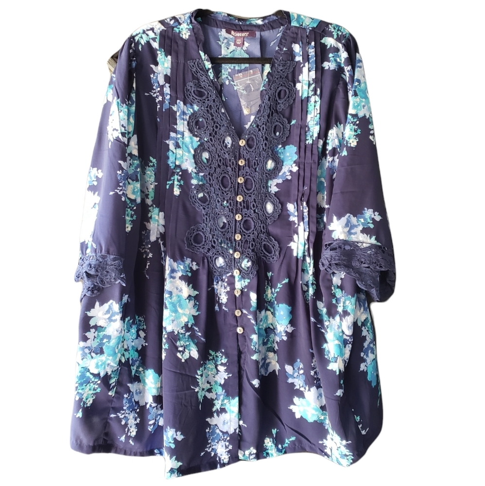 Roman's Plus Size Blue Floral Bell Sleeve Blouse 24W
